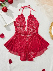 Plus Size 4XL Erotic Backless Deep V Lingerie Transparent Floral Lace Night Dress Teddy Babydoll Crotchless Underwear