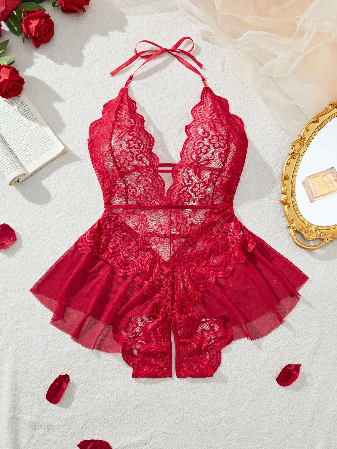 Plus Size 4XL Erotic Backless Deep V Lingerie Transparent Floral Lace Night Dress Teddy Babydoll Crotchless Underwear