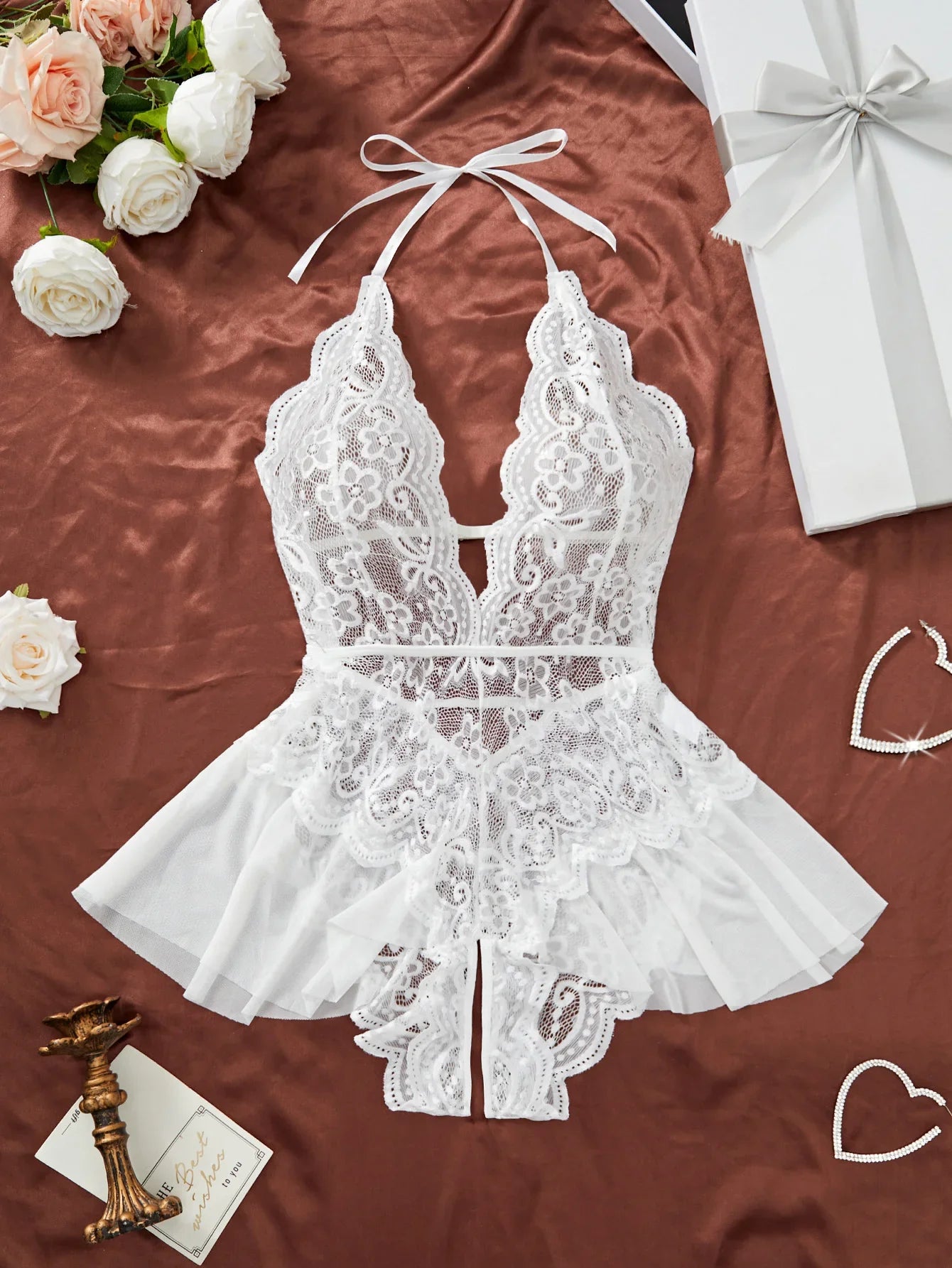 Plus Size 4XL Erotic Backless Deep V Lingerie Transparent Floral Lace Night Dress Teddy Babydoll Crotchless Underwear