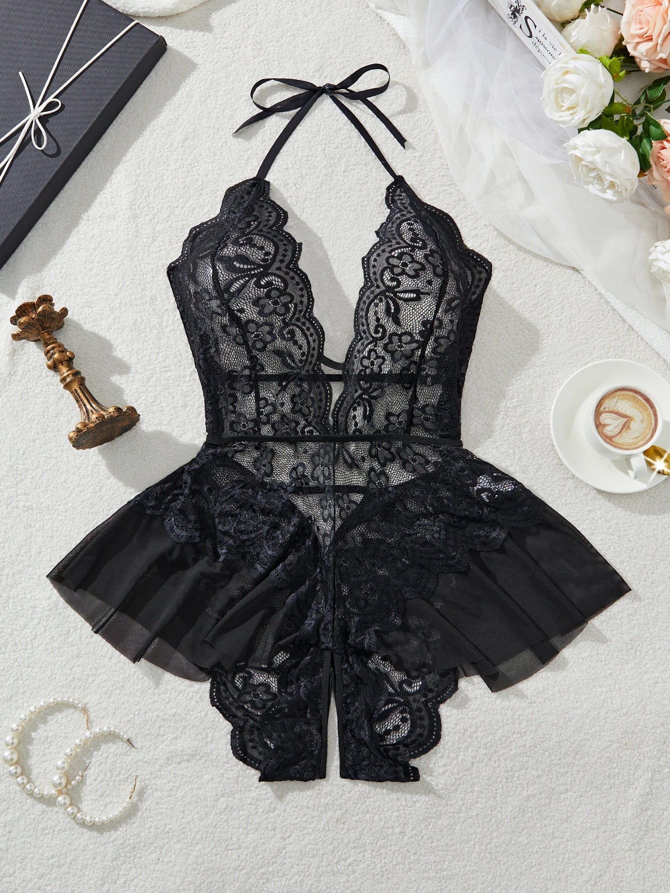 Plus Size 4XL Erotic Backless Deep V Lingerie Transparent Floral Lace Night Dress Teddy Babydoll Crotchless Underwear