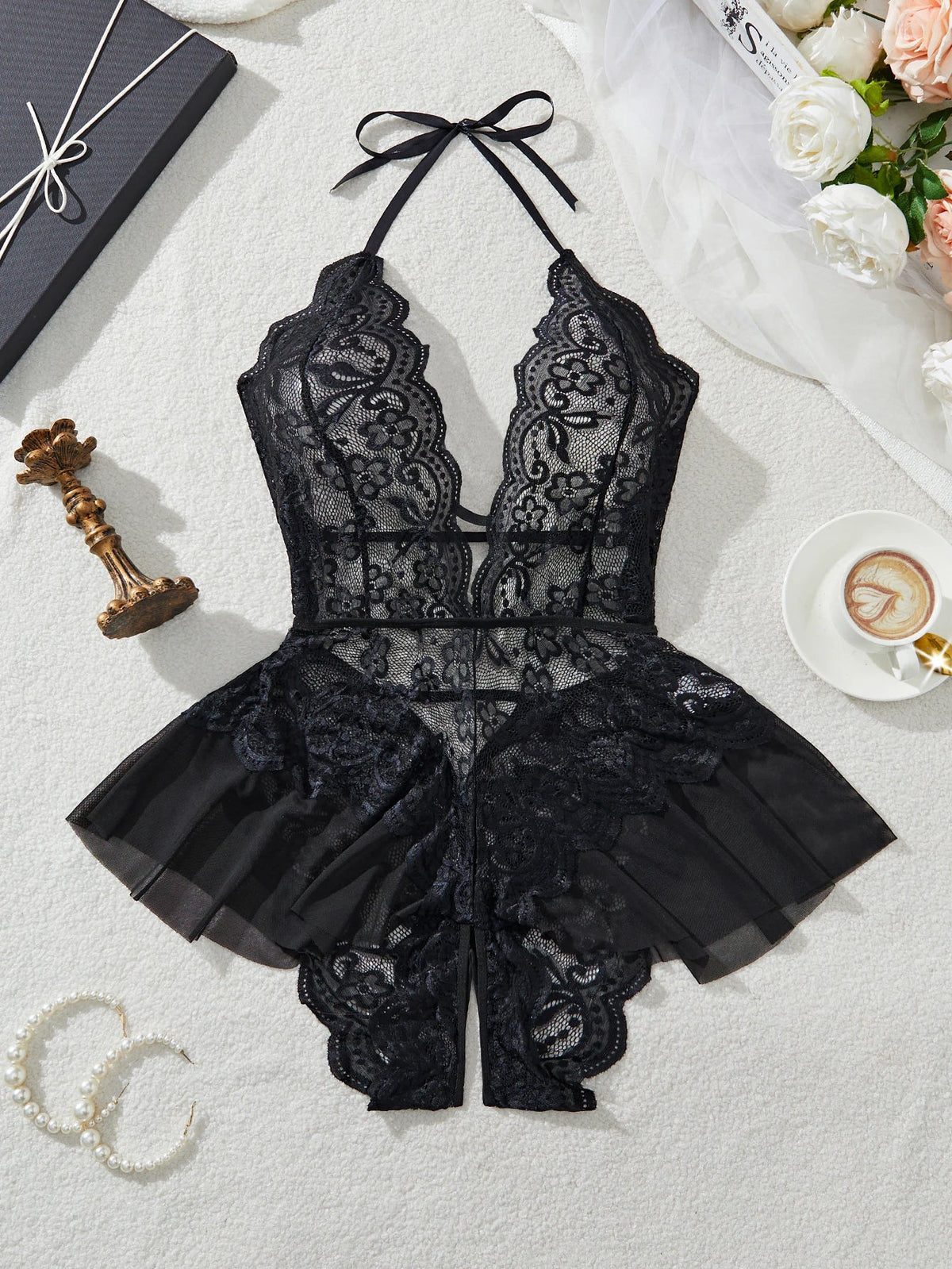 Plus Size 4XL Erotic Backless Deep V Lingerie Transparent Floral Lace Night Dress Teddy Babydoll Crotchless Underwear