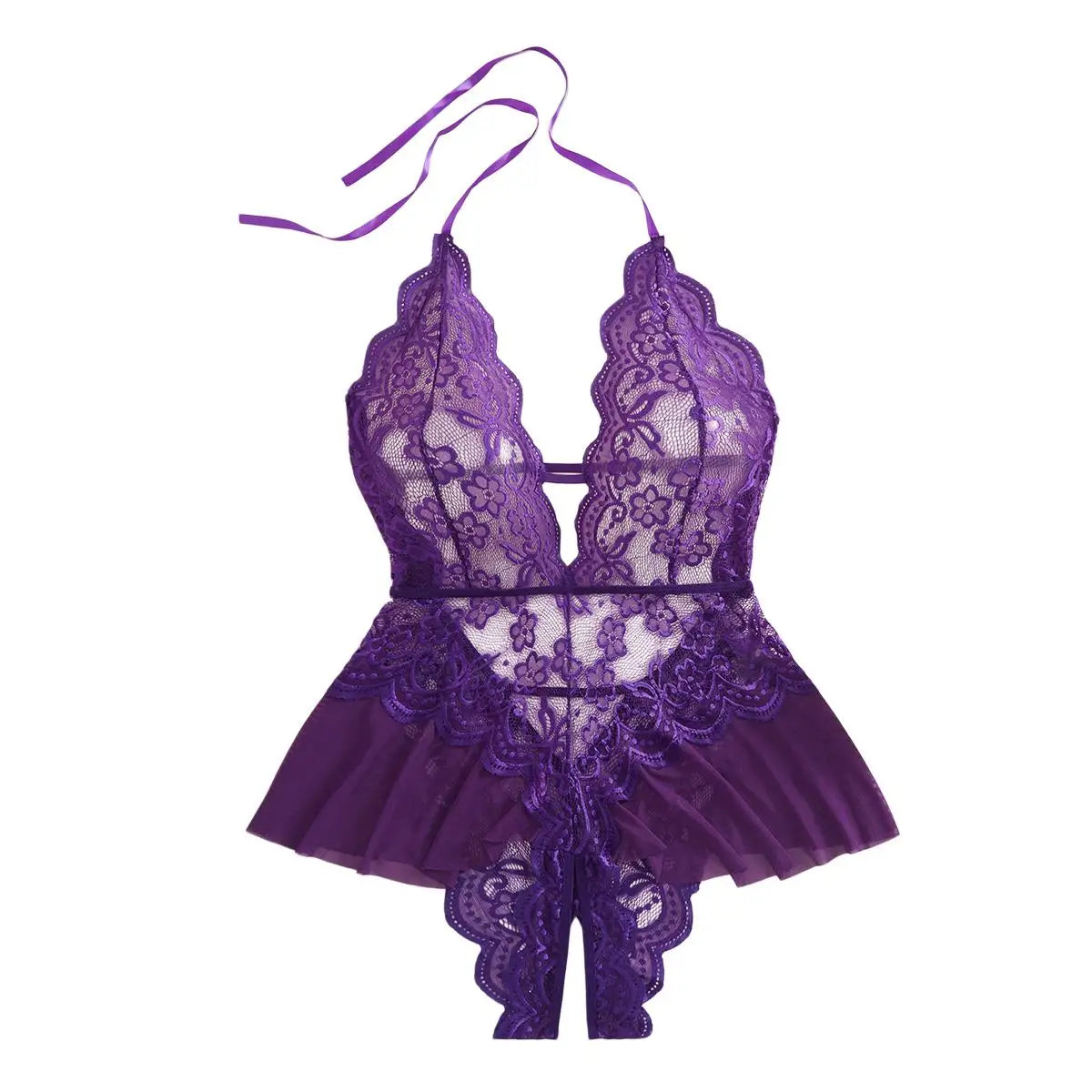 Plus Size Backless Deep V Purple Lace Night Dress Teddy Babydoll