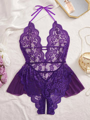 Plus Size Backless Deep V Purple Lace Night Dress Teddy Babydoll