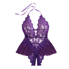 Plus Size Backless Deep V Purple Lace Night Dress Teddy Babydoll