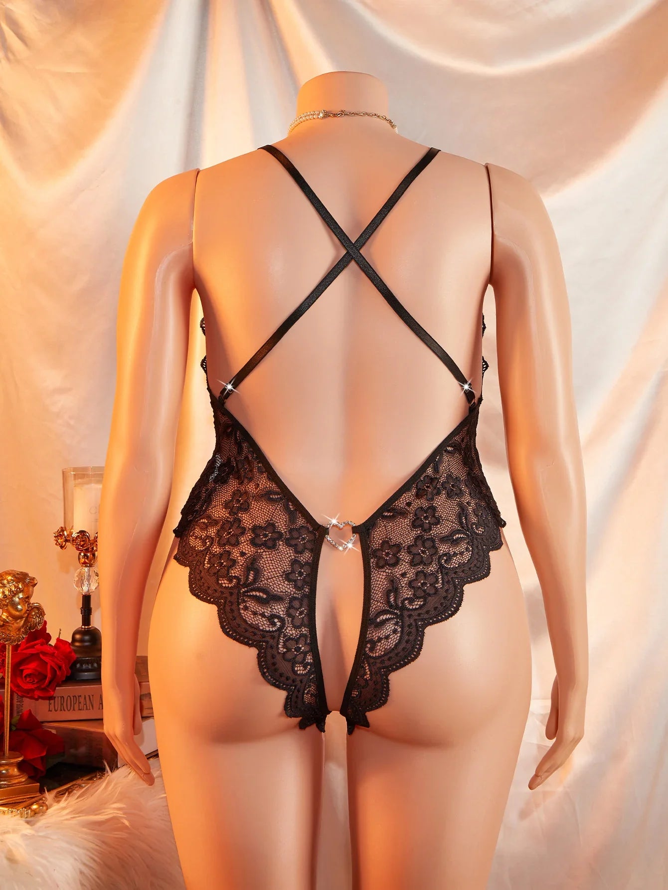 Plus Size Backless Femme Erotic Costume Hollow Bodysuit Woman Teddy Babydoll Sheer Lace Lingerie Exotic Crotchless Dress