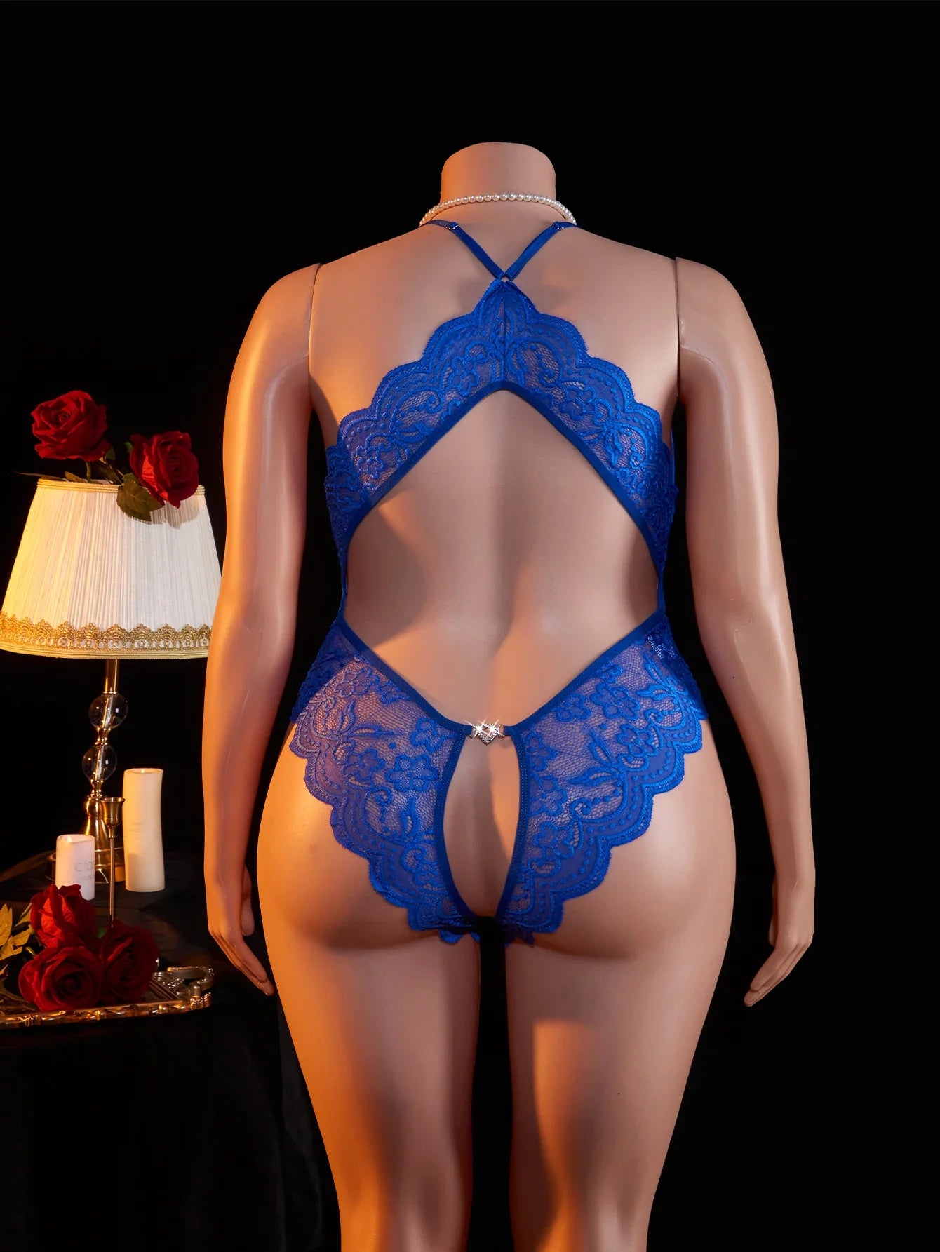 Plus Size Blue Deep V Open Bra Lingerie Backless Crotchless Bodysuit Porno Underwear