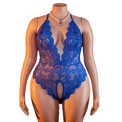 Plus Size Blue Deep V Open Bra Lingerie Backless Crotchless Bodysuit Porno Underwear
