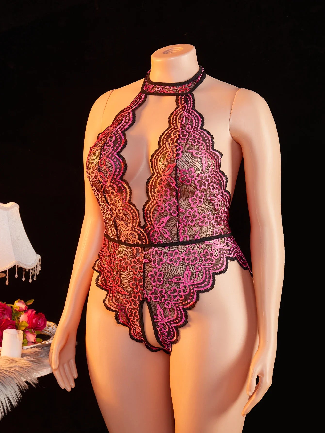 Plus Size Bodysuit Exotic Seductive Deep V Open Bra Crotchless Erotic Backless Sheer Lace Nightdress Lingerie Pajamas