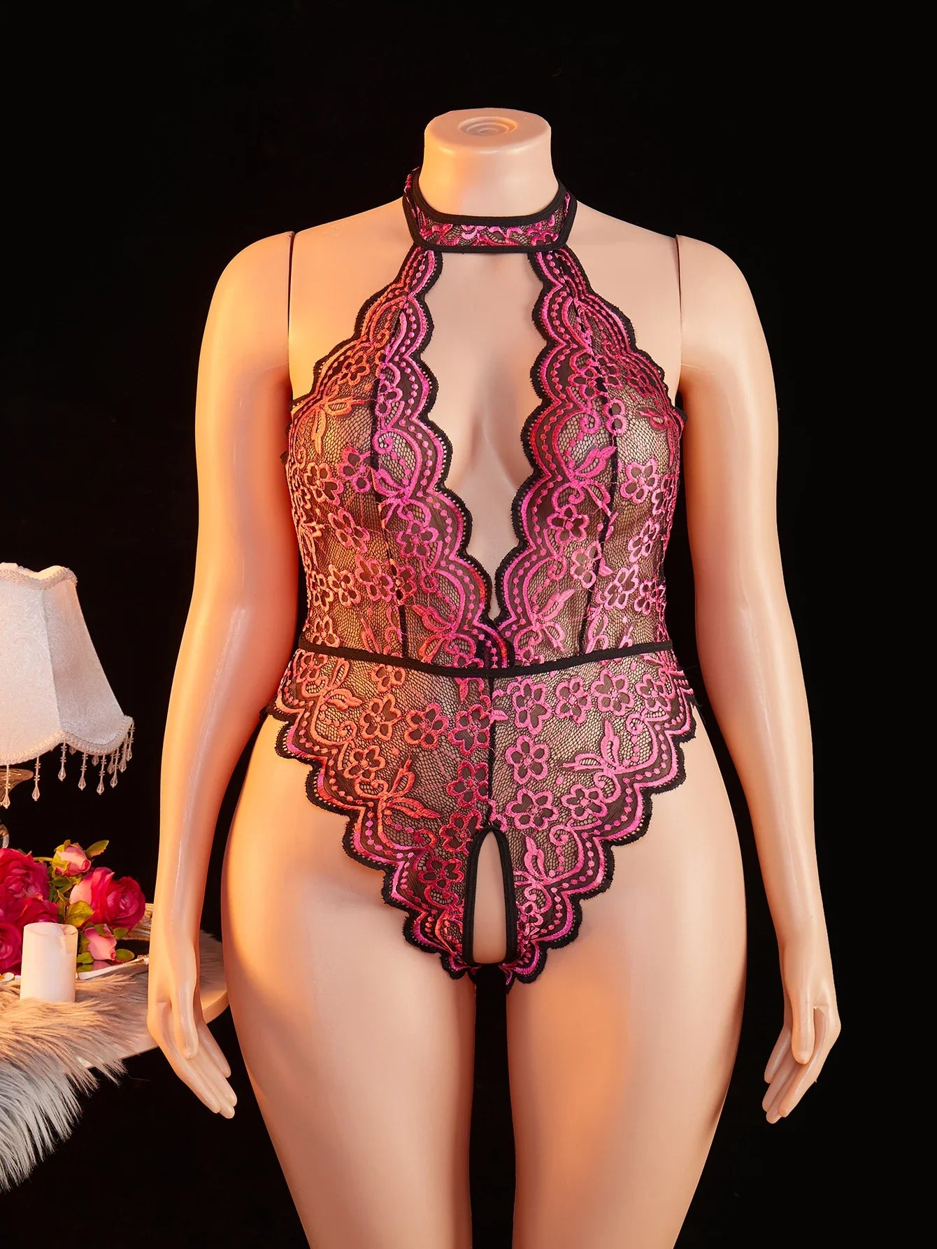 Plus Size Bodysuit Exotic Seductive Deep V Open Bra Crotchless Erotic Backless Sheer Lace Nightdress Lingerie Pajamas