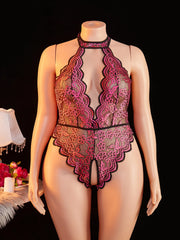 Plus Size Bodysuit Exotic Seductive Deep V Open Bra Crotchless Erotic Backless Sheer Lace Nightdress Lingerie Pajamas
