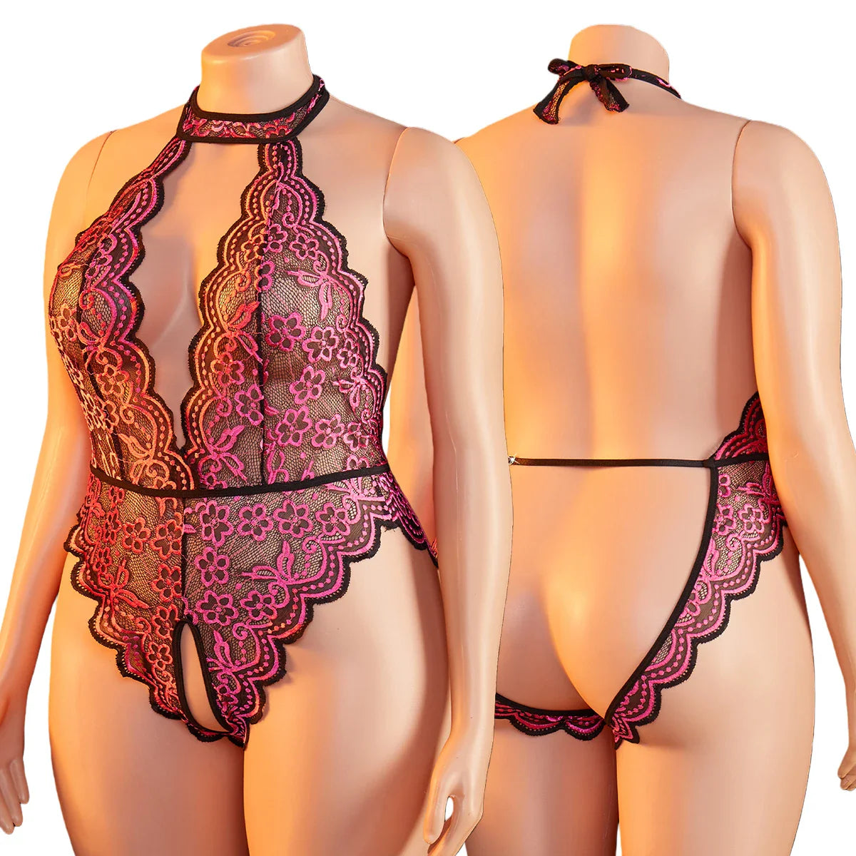 Plus Size Bodysuit Exotic Seductive Deep V Open Bra Crotchless Erotic Backless Sheer Lace Nightdress Lingerie Pajamas