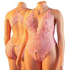 Plus Size Deep V Hollow Out Lingerie Backless Crotchless Bodysuit Romantic Underwear Lace Sheer Teddy Babydoll One-piece