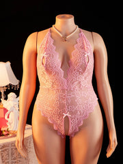 Plus Size Deep V Hollow Out Lingerie Backless Crotchless Bodysuit Romantic Underwear Lace Sheer Teddy Babydoll One-piece