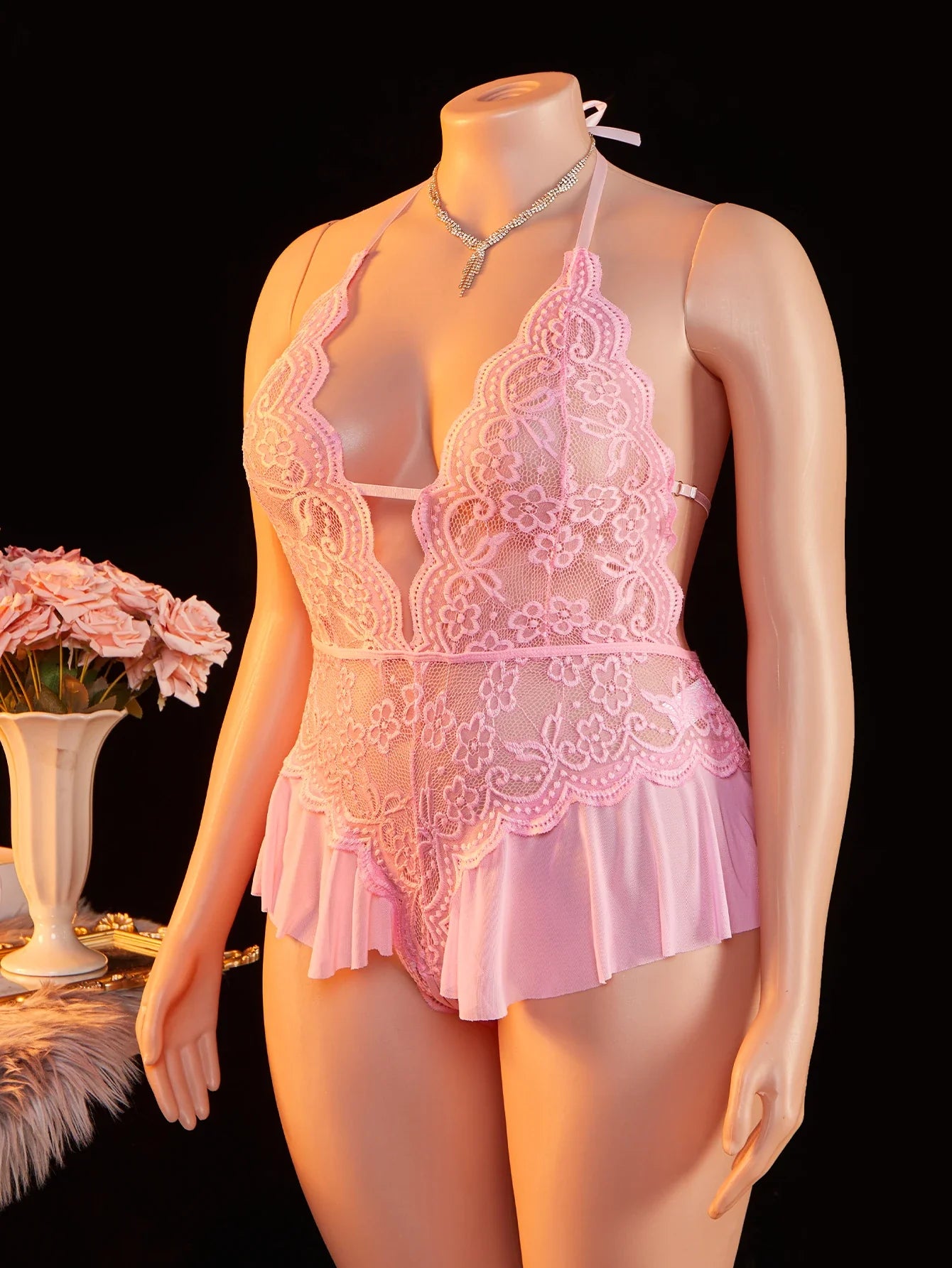 Plus Size Erotic Backless Deep V Lingerie Transparent Purple Lace Night Dress Teddy Babydoll Crotchless Underwear