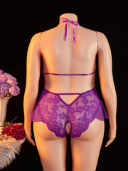 Plus Size Erotic Backless Deep V Lingerie Transparent Purple Lace Night Dress Teddy Babydoll Crotchless Underwear