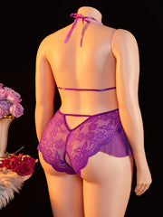 Plus Size Erotic Backless Deep V Lingerie Transparent Purple Lace Night Dress Teddy Babydoll Crotchless Underwear