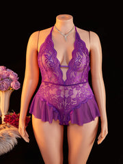Plus Size Erotic Backless Deep V Lingerie Transparent Purple Lace Night Dress Teddy Babydoll Crotchless Underwear