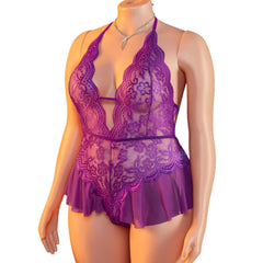 Plus Size Erotic Backless Deep V Lingerie Transparent Purple Lace Night Dress Teddy Babydoll Crotchless Underwear