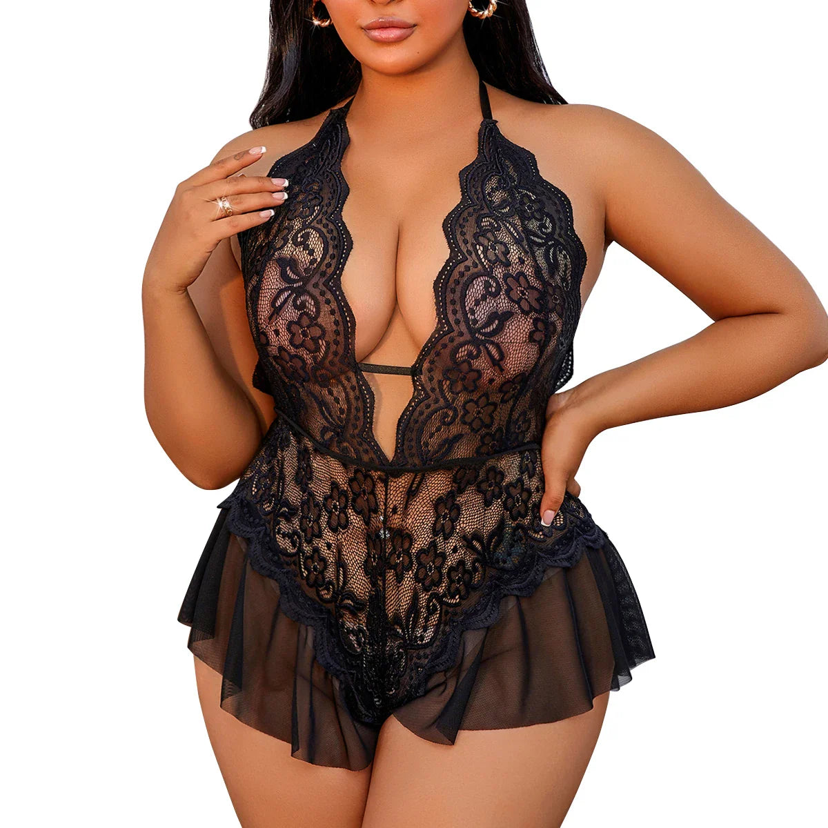 Plus Size Erotic Costume Underwear Open Crotch Lace Babydoll Dress Dirty Lingerie