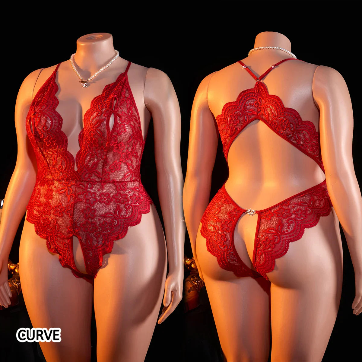 Plus Size Crotchless Lingerie Lace Hollow Bodysuit Erotic Pajamas Teddy Babydoll Dress Deep V Open Bra Underwear Set