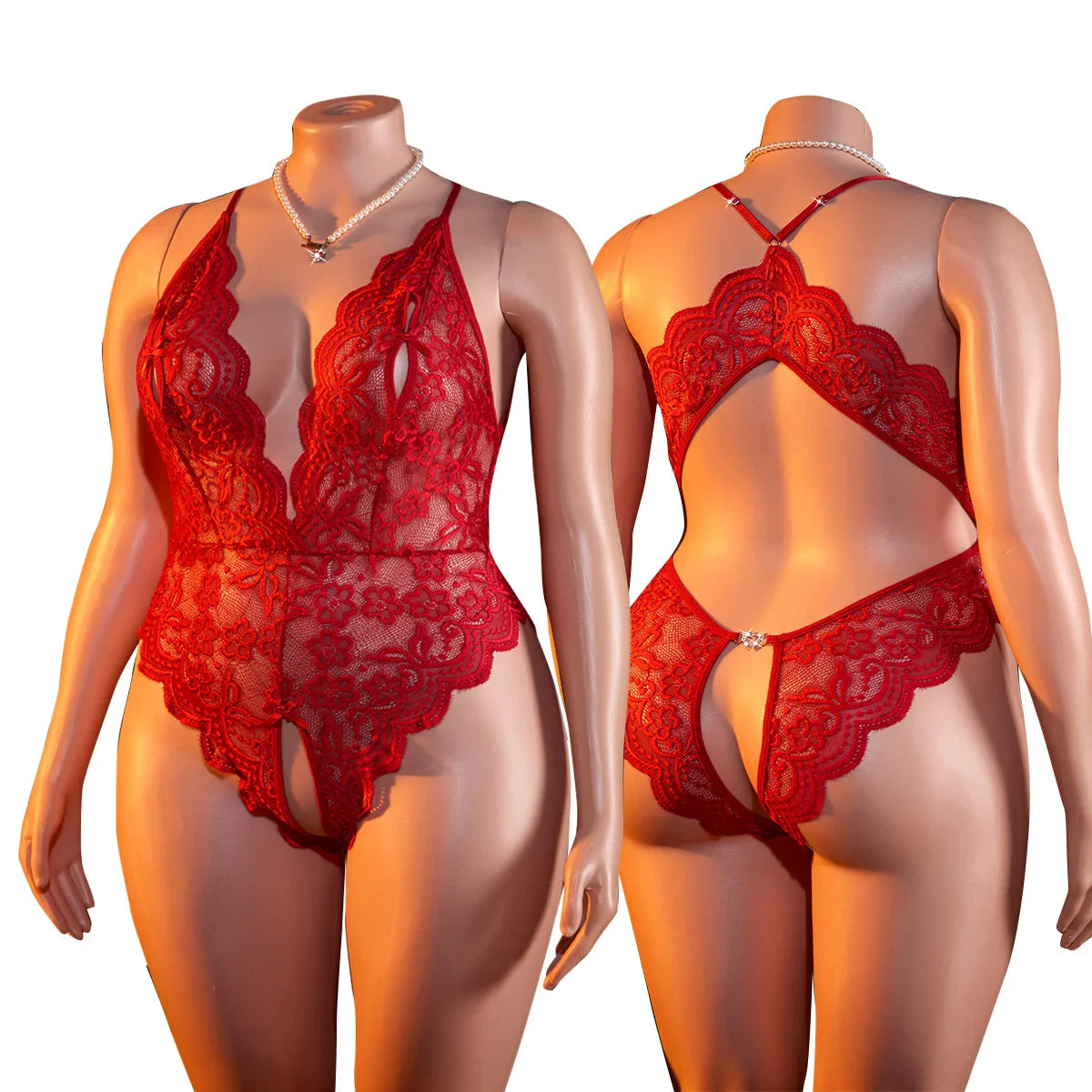 Plus Size Crotchless Lingerie Lace Hollow Bodysuit Erotic Pajamas Teddy Babydoll Dress Deep V Open Bra Underwear Set