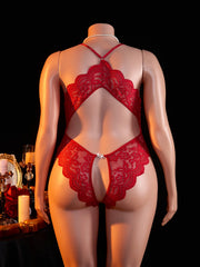 Plus Size Crotchless Lingerie Lace Hollow Bodysuit Erotic Pajamas Teddy Babydoll Dress Deep V Open Bra Underwear Set