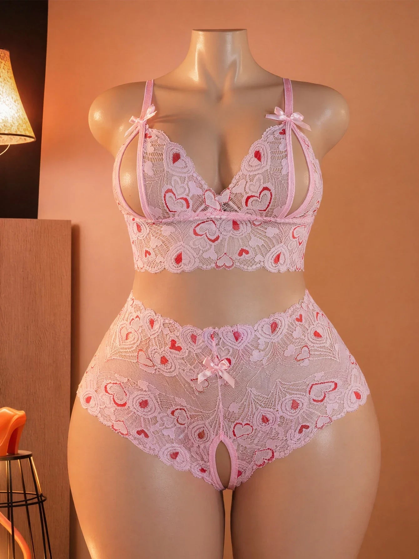 Plus Size Lace Bra And Panty Set Heart Print Hollow Out Slim Fit High Waisted Bow Erotic Open Crotch Lingerie