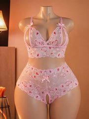 Plus Size Lace Bra And Panty Set Heart Print Hollow Out Slim Fit High Waisted Bow Erotic Open Crotch Lingerie