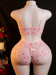 Plus Size Lace Bra And Panty Set Heart Print Hollow Out Slim Fit High Waisted Bow Erotic Open Crotch Lingerie