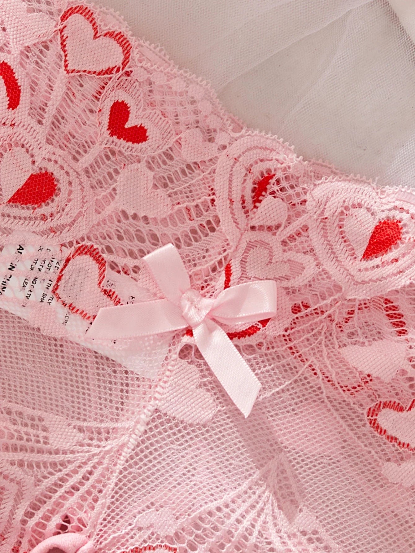 Plus Size Lace Bra And Panty Set Heart Print Hollow Out Slim Fit High Waisted Bow Erotic Open Crotch Lingerie