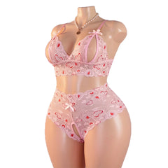 Plus Size Lace Bra And Panty Set Heart Print Hollow Out Slim Fit High Waisted Bow Erotic Open Crotch Lingerie