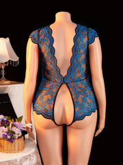 Plus Size Summer Blue Sheer Lace Babydoll Bodysuit Half Sleeve Hollow Backless Deep V Erotic Lingerie & Pajamas