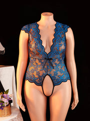 Plus Size Summer Blue Sheer Lace Babydoll Bodysuit Half Sleeve Hollow Backless Deep V Erotic Lingerie & Pajamas