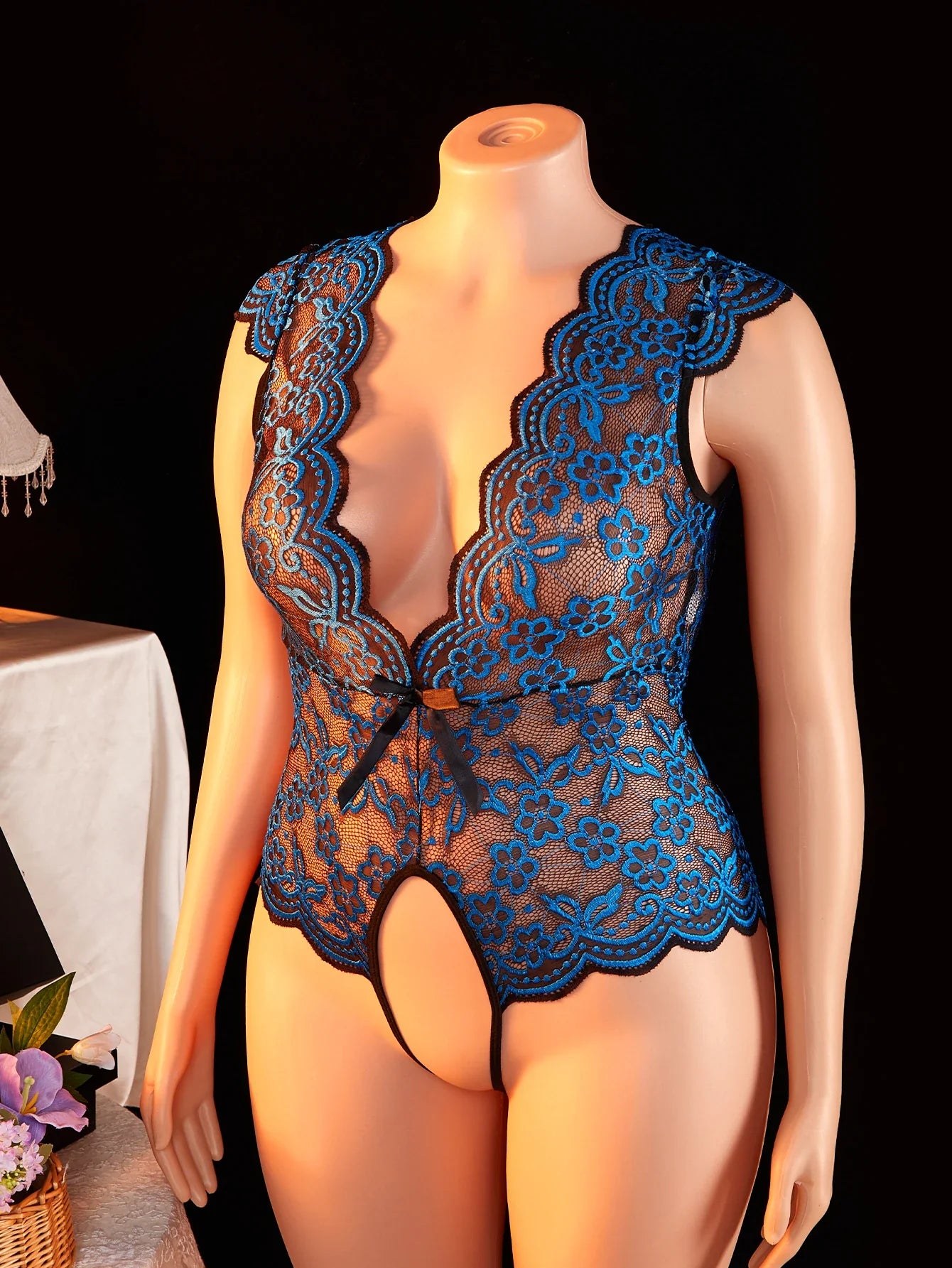 Plus Size Summer Blue Sheer Lace Babydoll Bodysuit Half Sleeve Hollow Backless Deep V Erotic Lingerie & Pajamas