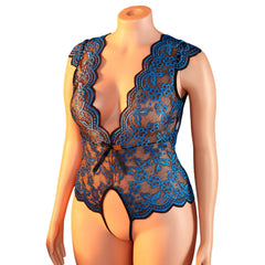 Plus Size Summer Blue Sheer Lace Babydoll Bodysuit Half Sleeve Hollow Backless Deep V Erotic Lingerie & Pajamas