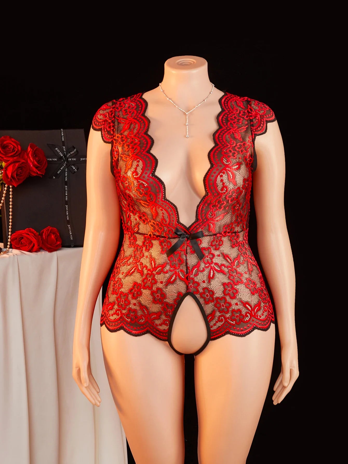 Plus Size Summer Red Sheer Lace Babydoll Bodysuit Half Sleeve Hollow Backless Deep V Erotic Lingerie & Pajamas