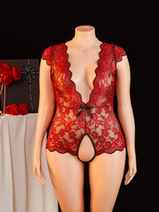 Plus Size Summer Red Sheer Lace Babydoll Bodysuit Half Sleeve Hollow Backless Deep V Erotic Lingerie & Pajamas