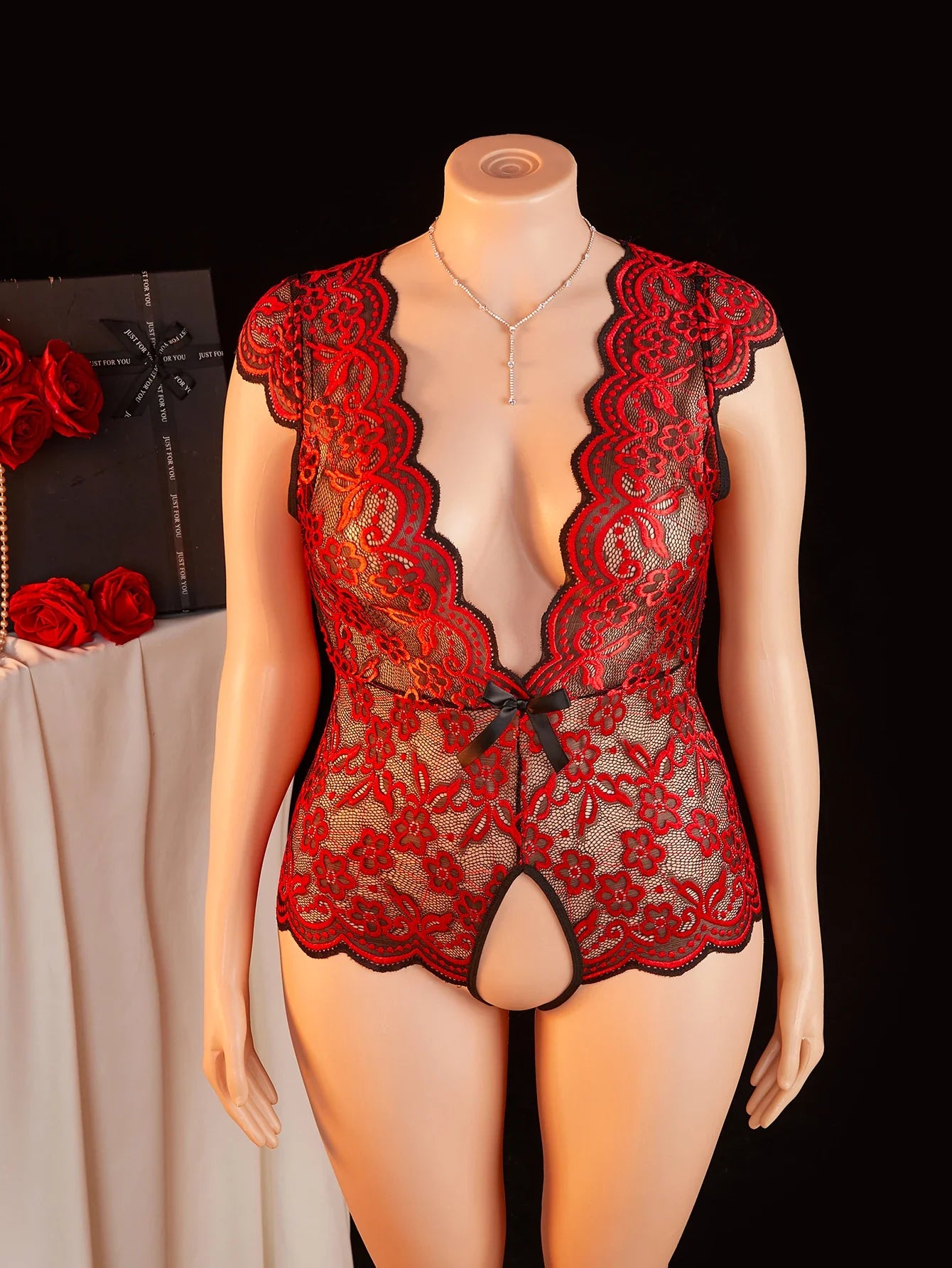 Plus Size Summer Red Sheer Lace Babydoll Bodysuit Half Sleeve Hollow Backless Deep V Erotic Lingerie & Pajamas