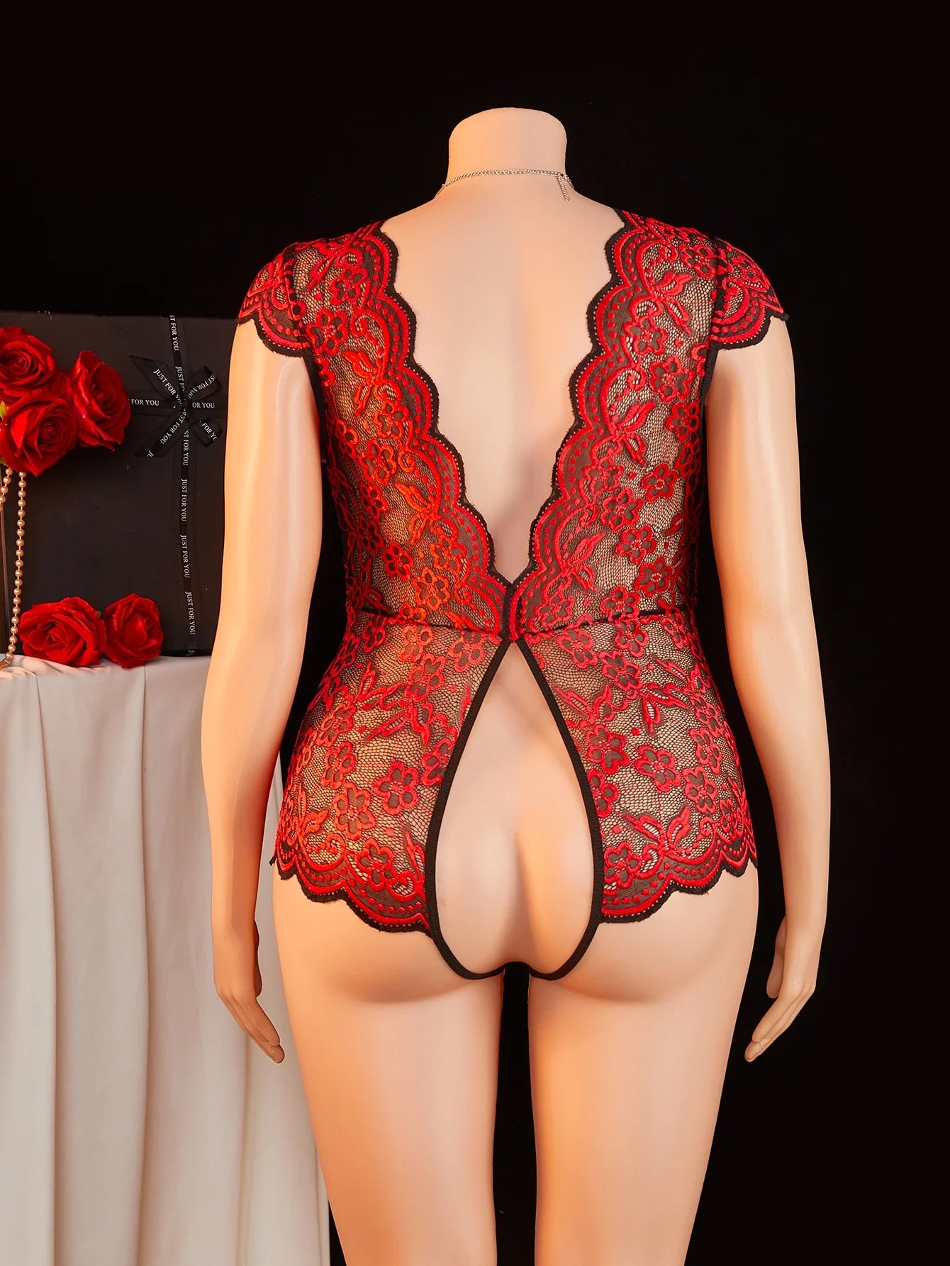 Plus Size Summer Red Sheer Lace Babydoll Bodysuit Half Sleeve Hollow Backless Deep V Erotic Lingerie & Pajamas