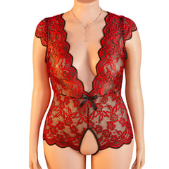 Plus Size Summer Red Sheer Lace Babydoll Bodysuit Half Sleeve Hollow Backless Deep V Erotic Lingerie & Pajamas