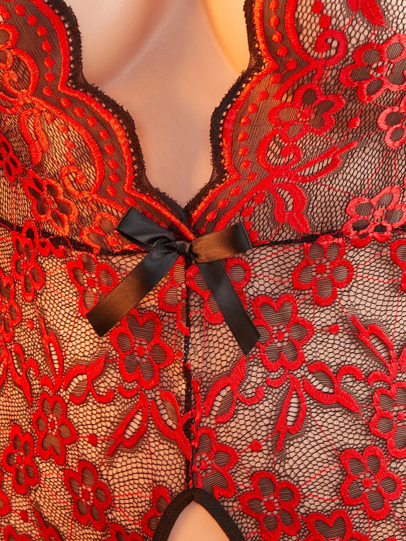 Plus Size Summer Red Sheer Lace Babydoll Bodysuit Half Sleeve Hollow Backless Deep V Erotic Lingerie & Pajamas