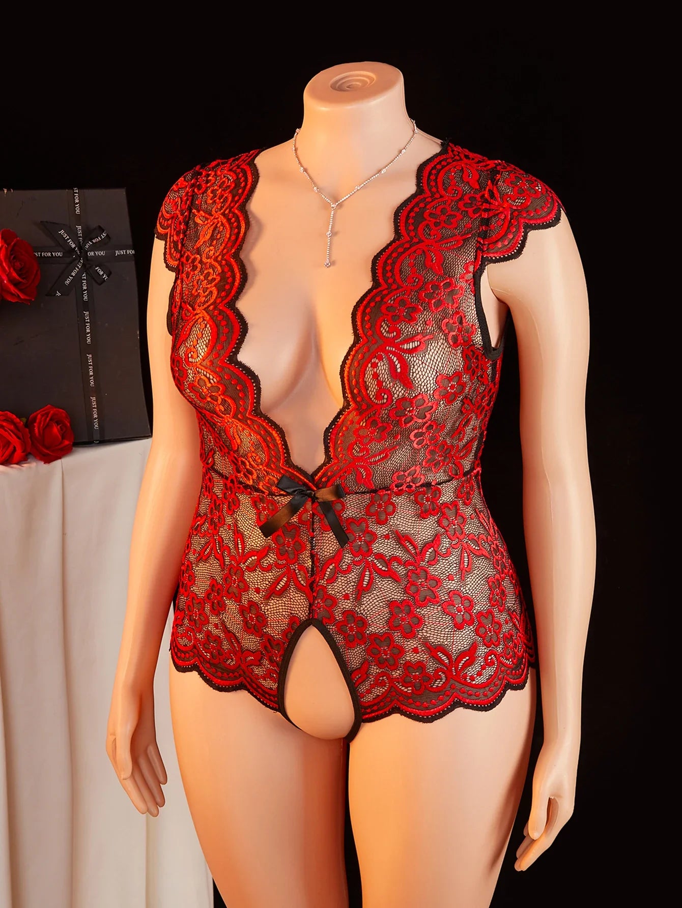 Plus Size Summer Red Sheer Lace Babydoll Bodysuit Half Sleeve Hollow Backless Deep V Erotic Lingerie & Pajamas