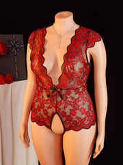 Plus Size Summer Red Sheer Lace Babydoll Bodysuit Half Sleeve Hollow Backless Deep V Erotic Lingerie & Pajamas