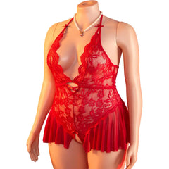 Plus-size Dress Halter Neck Backless Lingerie Deep V Crotchless Babydolls Bodysuit Underwear Lace Erotic Costume
