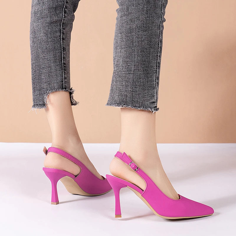 Solid Pointed Toe High Heeled Buckle Sandals