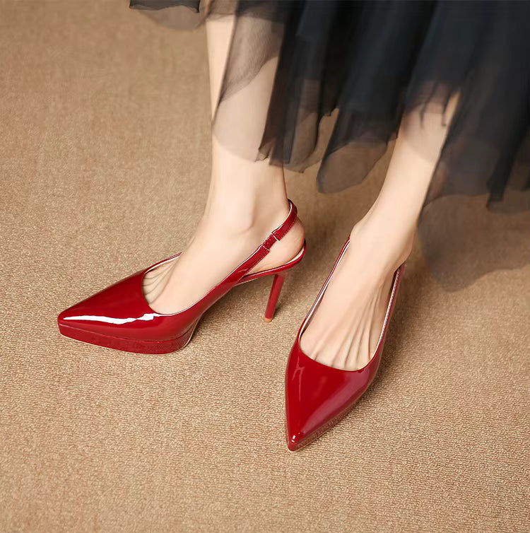 Pointed Toe Patent Leather Elastic Band High Heels Sandals