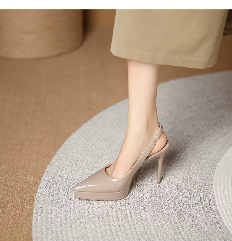 Pointed Toe Patent Leather Elastic Band High Heels Sandals