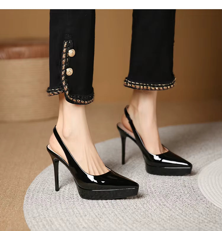 Pointed Toe Patent Leather Elastic Band High Heels Sandals