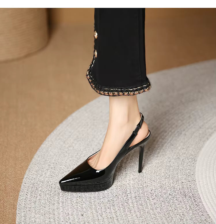 Pointed Toe Patent Leather Elastic Band High Heels Sandals