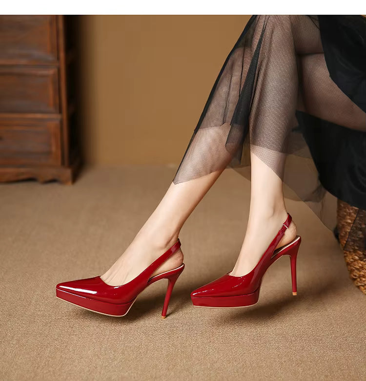 Pointed Toe Patent Leather Elastic Band High Heels Sandals